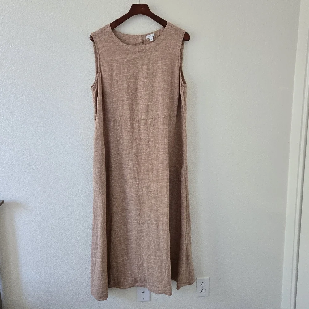 Pure Jill 100% Linen A Line Maxi Dress  Sable Sleeveless Pockets‎ Lagenlook XL - Picture 3 of 15